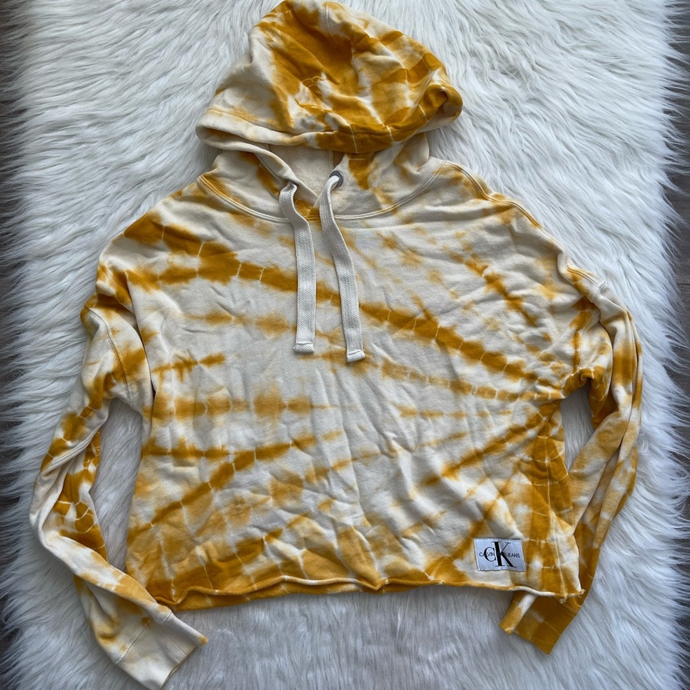 CALVIN KLEIN yellow white Tie Dye Crop Hoodie sweatshirt